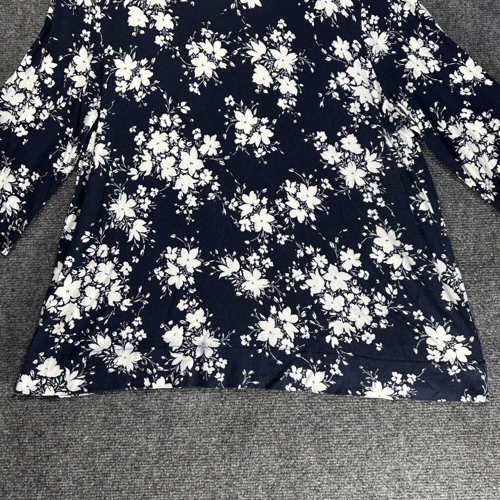 J Jill Top Womens Large Wearever Collection 3/4 Sleeve Navy Blue White Floral - Picture 2 of 9